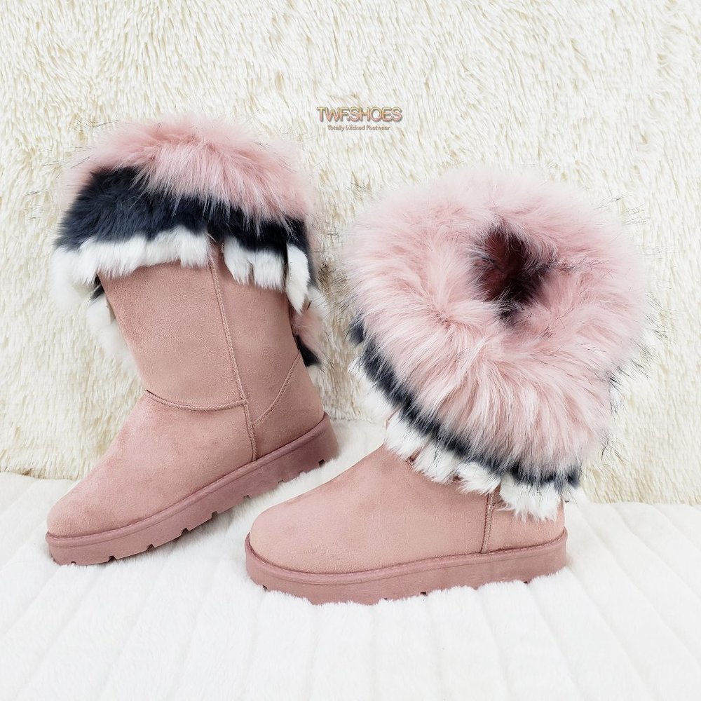 Faux Fur Collar Winter Flat Ankle Boots Pink